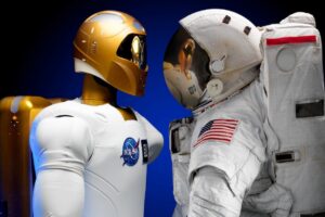 An AI robot meets a human astronaut