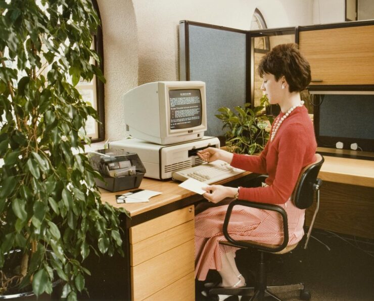 A woman sat at a desk using a PC.