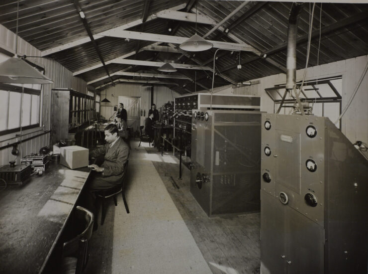 Marconi College Transmitting Laboratory, March 1939. Showing left to right: 19 M General Purpose S.W. Transmitter, 5M. Water cooled 5KW transmitter, central power supply and switchboard and at rear, experimental LW transmitter,