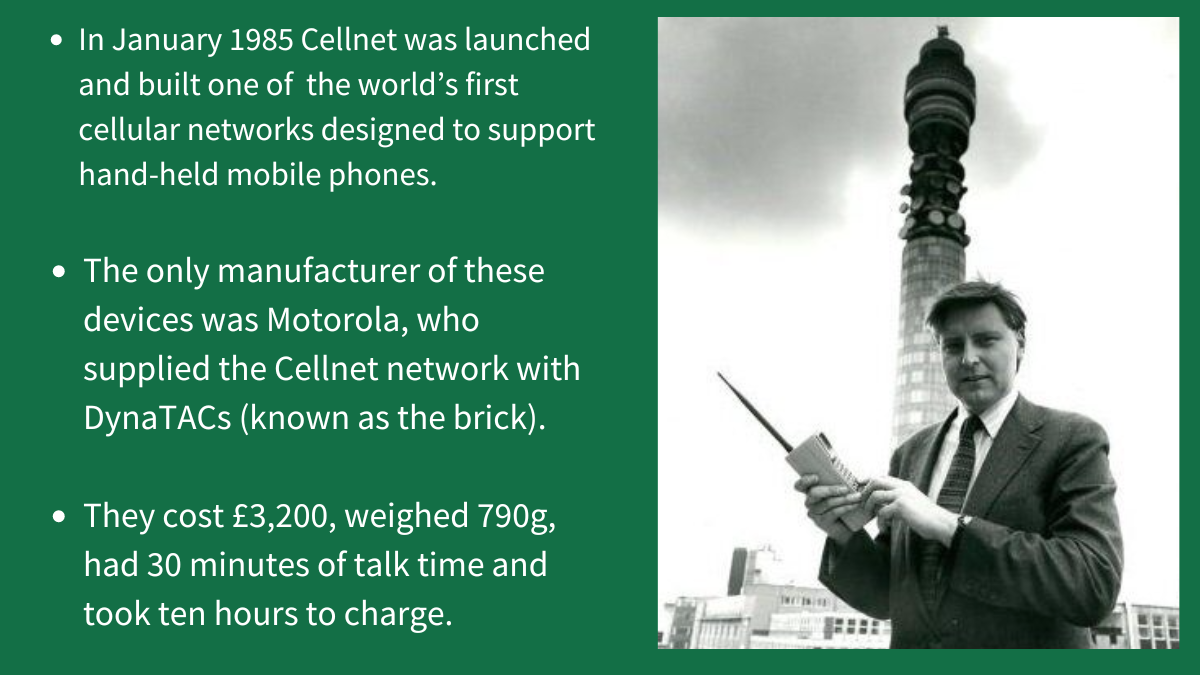 John Carrington, Cellnet's founding Managing Director with a Motorola DynaTac 8000 outside the BT Tower - 1985