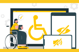A graphic showing an animated woman in a wheelchair holding a tablet with huge images of a laptop, tablet and phone in the background with disabled friendly logos.
