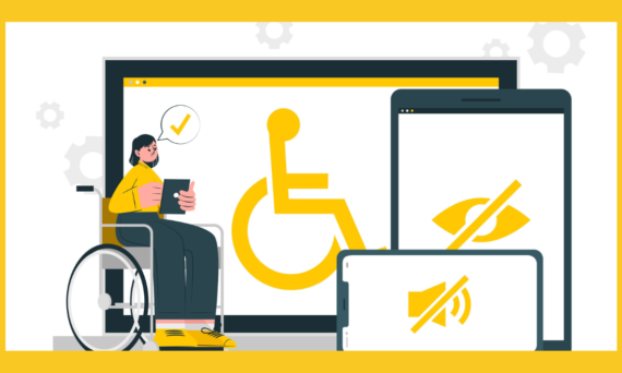 A graphic showing an animated woman in a wheelchair holding a tablet with huge images of a laptop, tablet and phone in the background with disabled friendly logos.