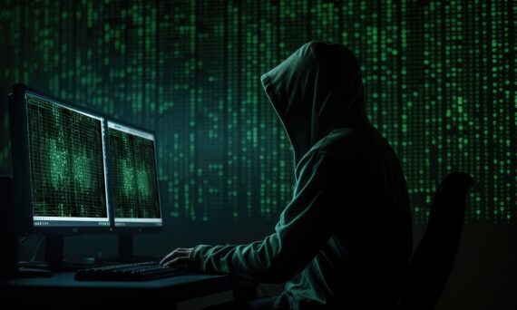 A digital image of a person wearing a hoodie at a computer screen depicting a hacker