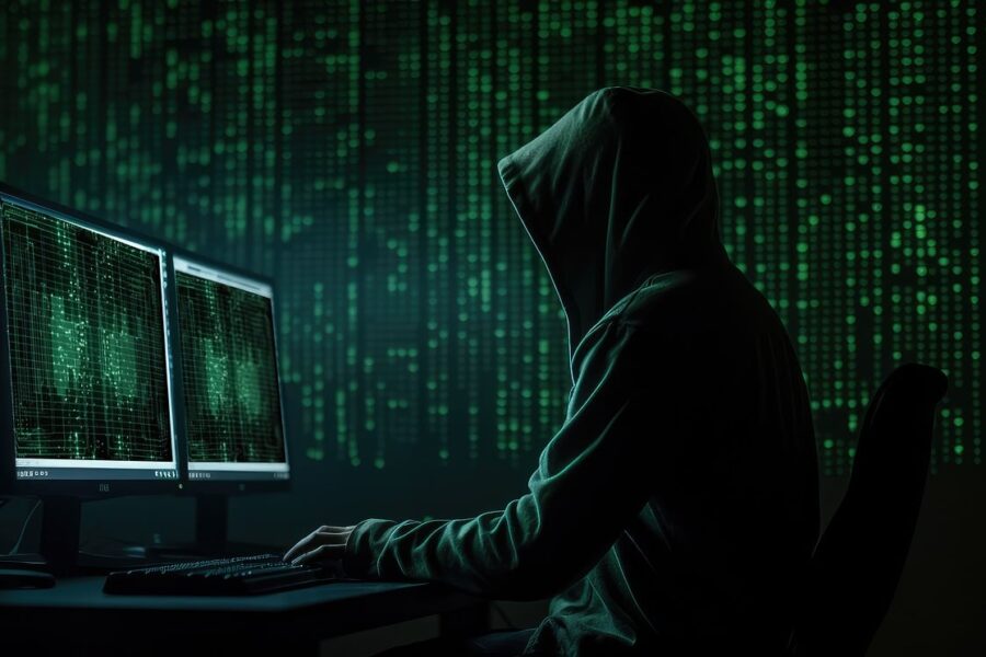 A digital image of a person wearing a hoodie at a computer screen depicting a hacker